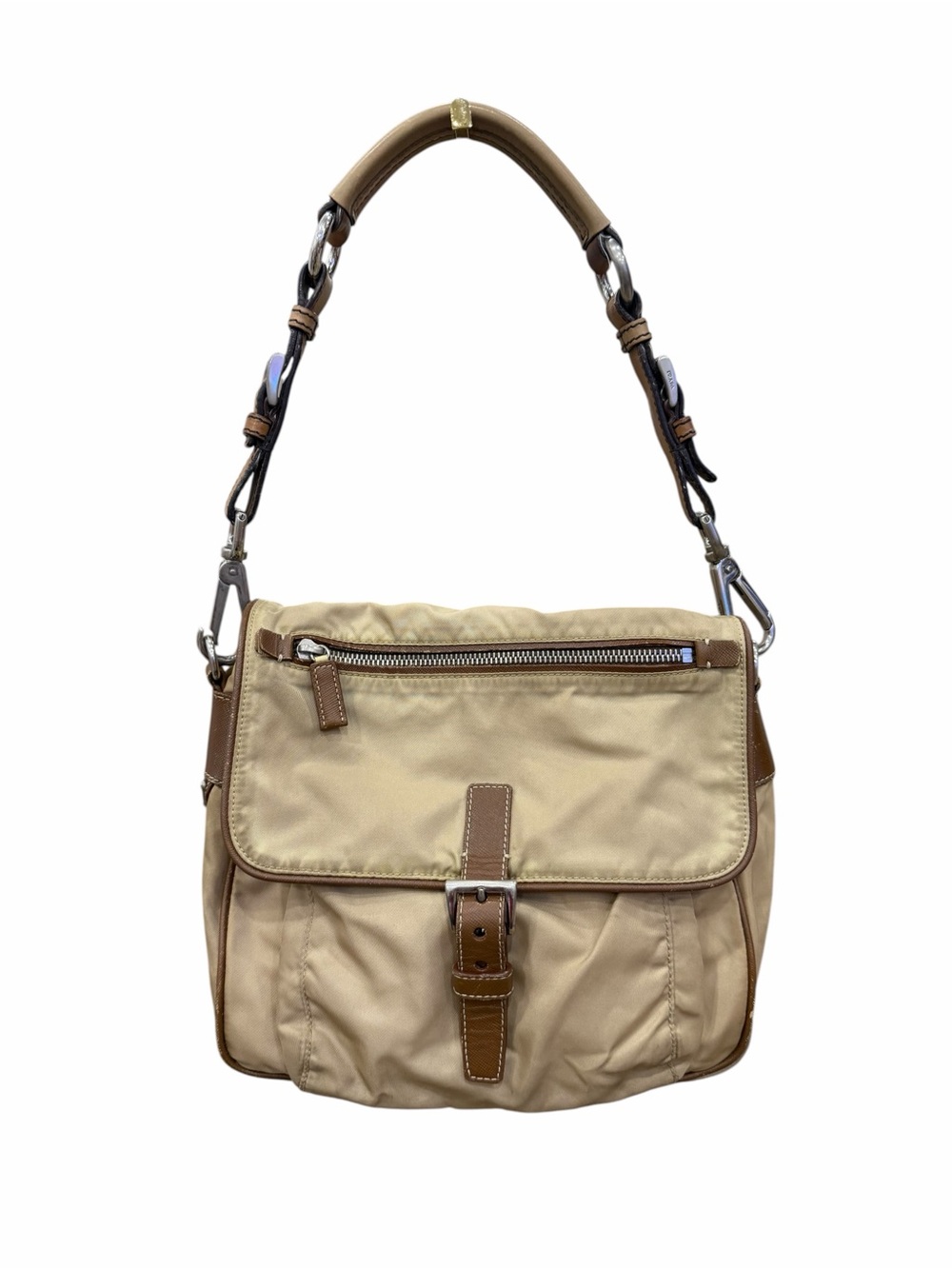 Prada Tessuto Nylon Flap Messenger Shoulder Bag Beige